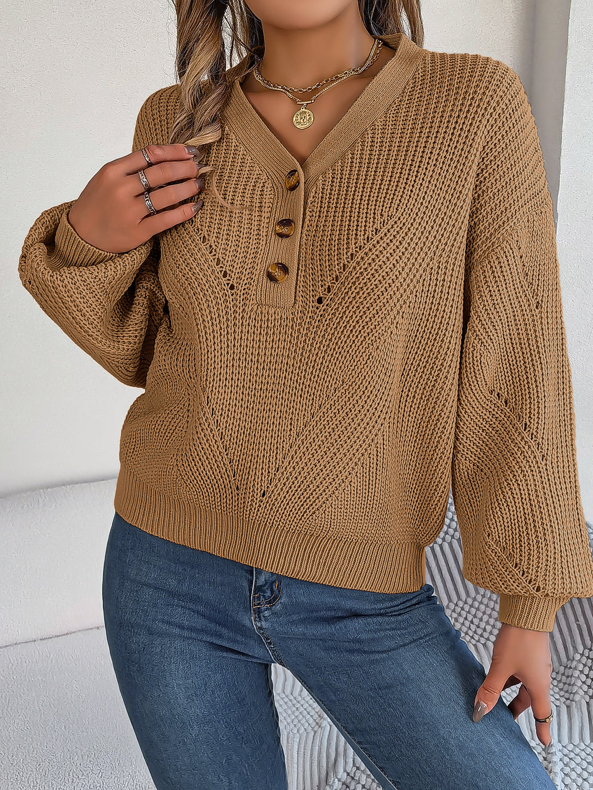 Women Hollow Out V-neck Button Lantern Sleeve Pullover Sweater