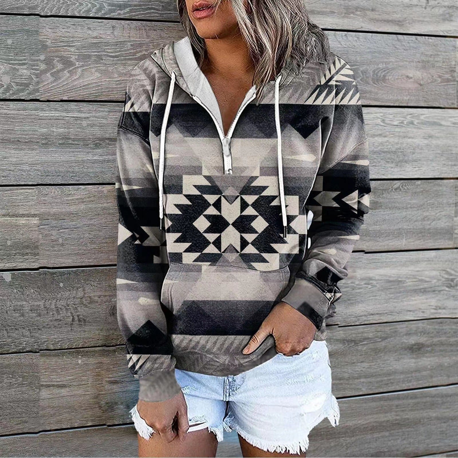 Ethnic Tribal Geometric Print Zip Hoodie