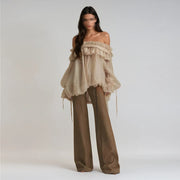 Retro Off-the-Shoulder Strap Bell-Sleeve Solid Color Chiffon Top