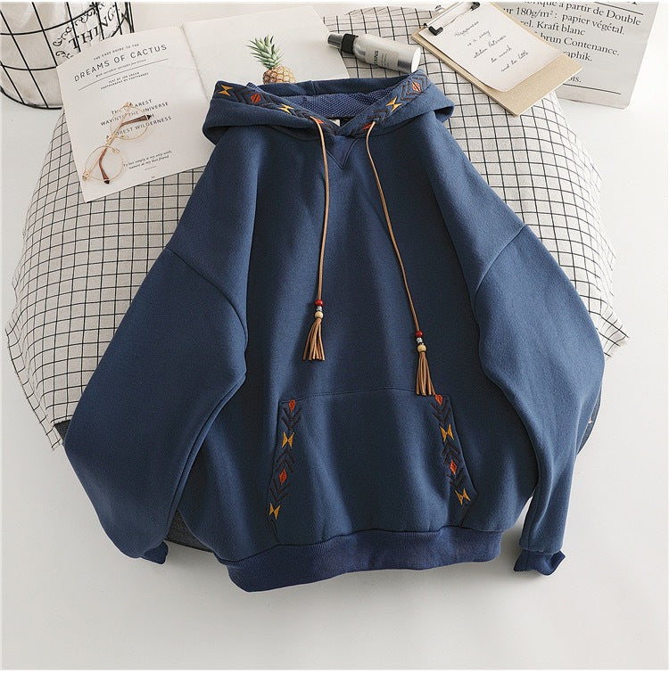 Korean Style Geometric Embroidered Loose Hoodie