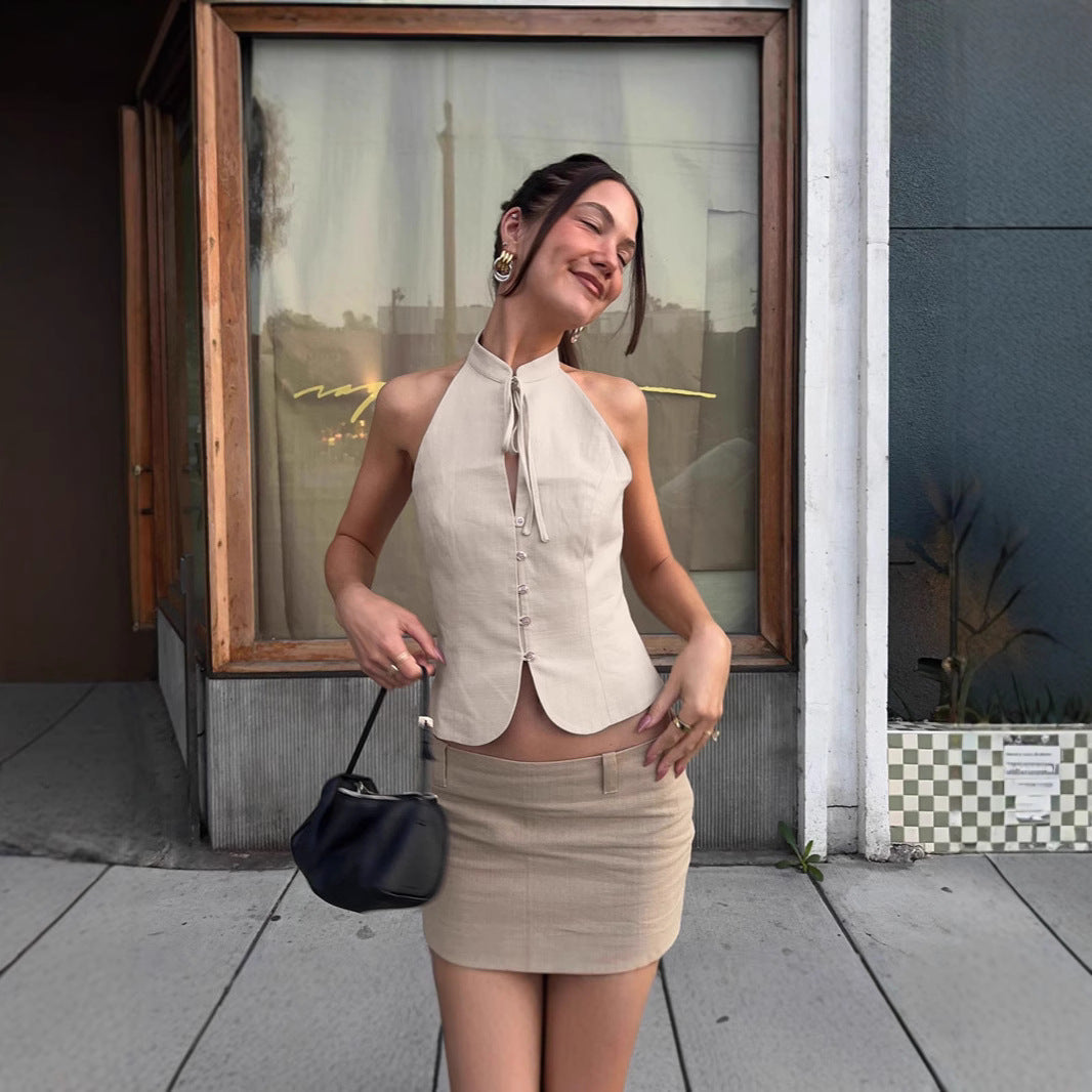 Khaki Retro Slim-Fit Backless Cropped Top – Street‑Style Chic