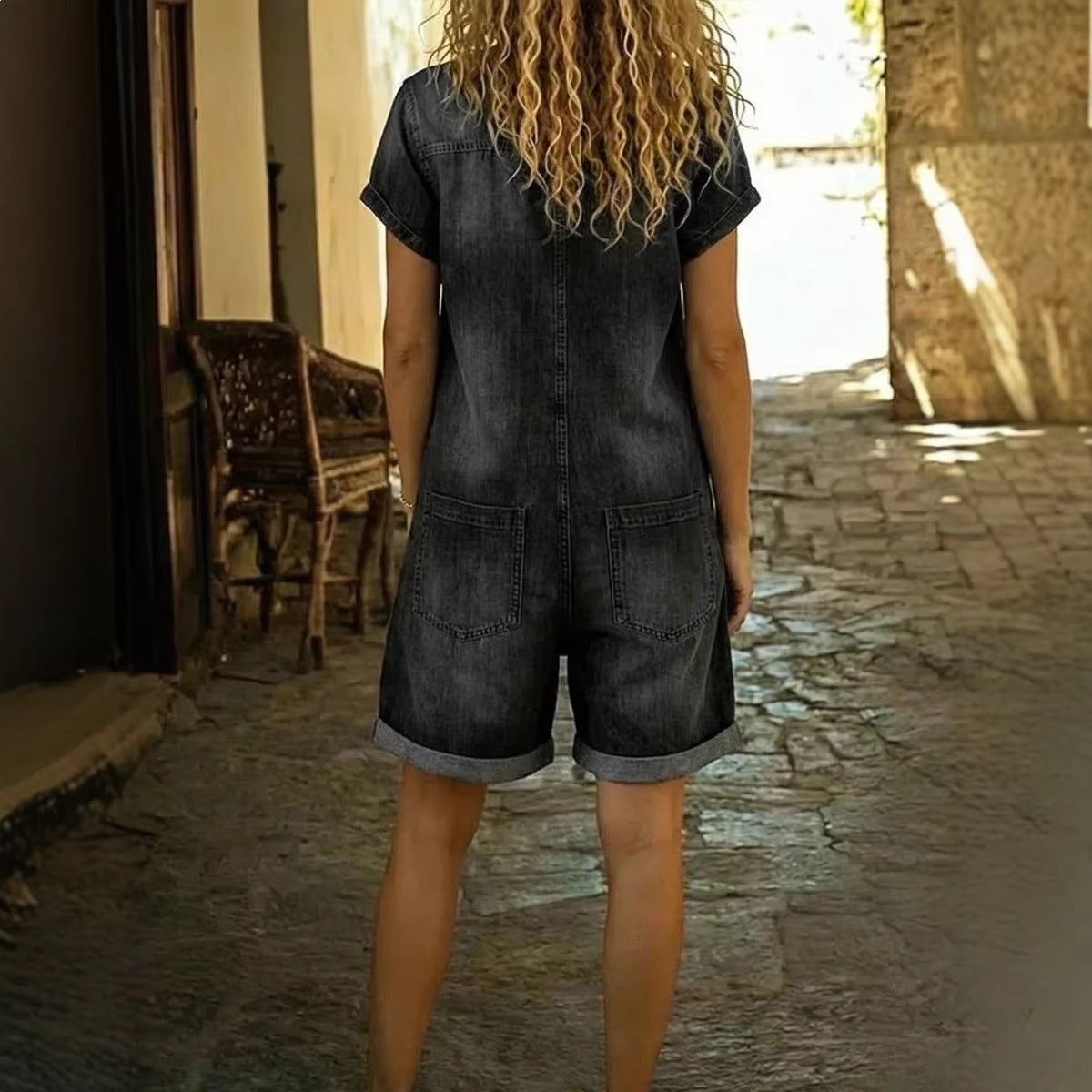 Washed Denim Short-Sleeve Pocket Jumpsuit