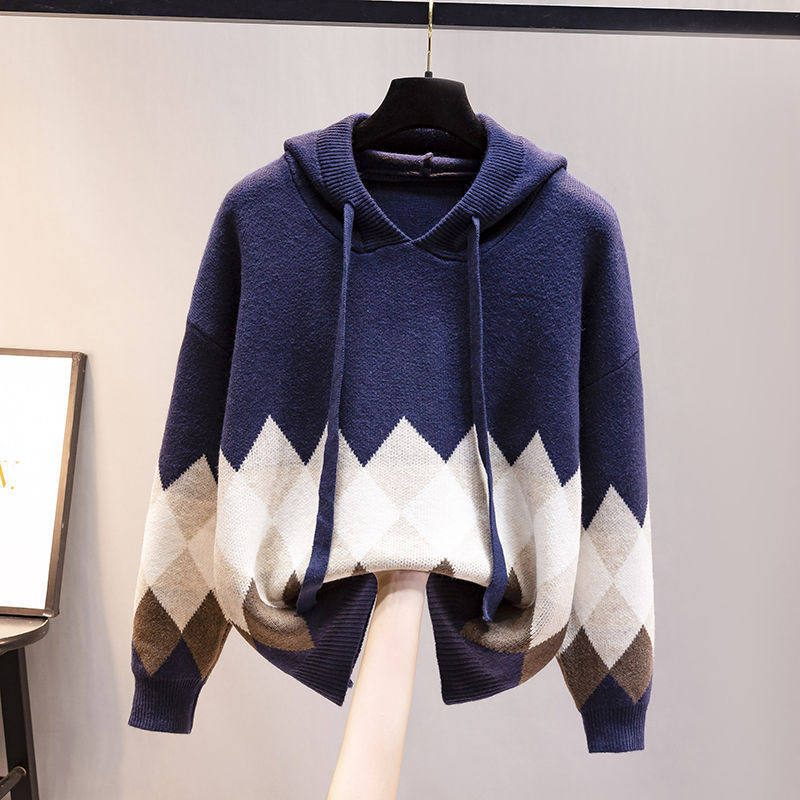 European and American-style Hooded Sweater Loose-fit Diamond-patterned Base Knit Top