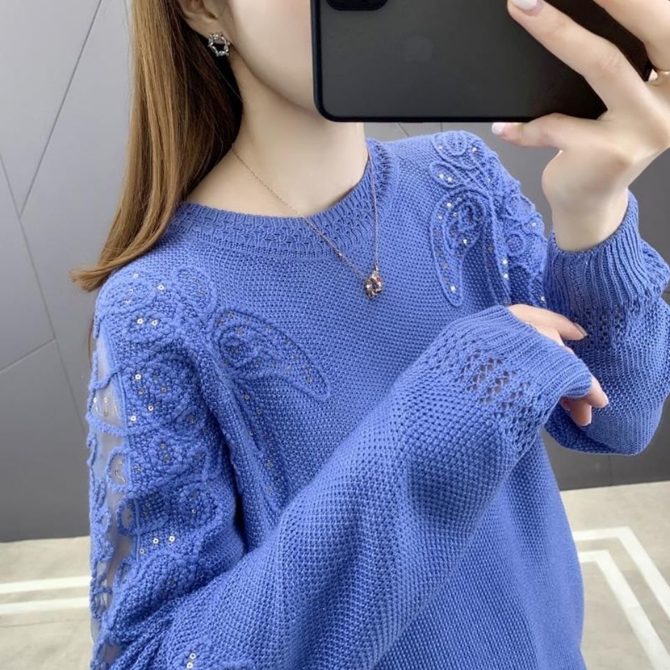 Pullover Lace Bottoming Shirt Long Sleeve Loose Hollow Knitted Sweater for Women
