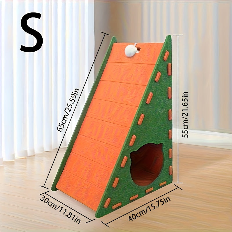 2-in-1 Triangle Cat Scratching Pad Felt Bed With Plush Toy Ball, Durable And Shed-free Structure For All Seasons Indoor Cats To Play Rest & Sharpen Claws, Feline Enrichment, Claw Sharpening, Modern