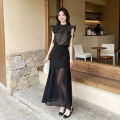 Polka-Dot Blouse & High-Waisted Skirt Set