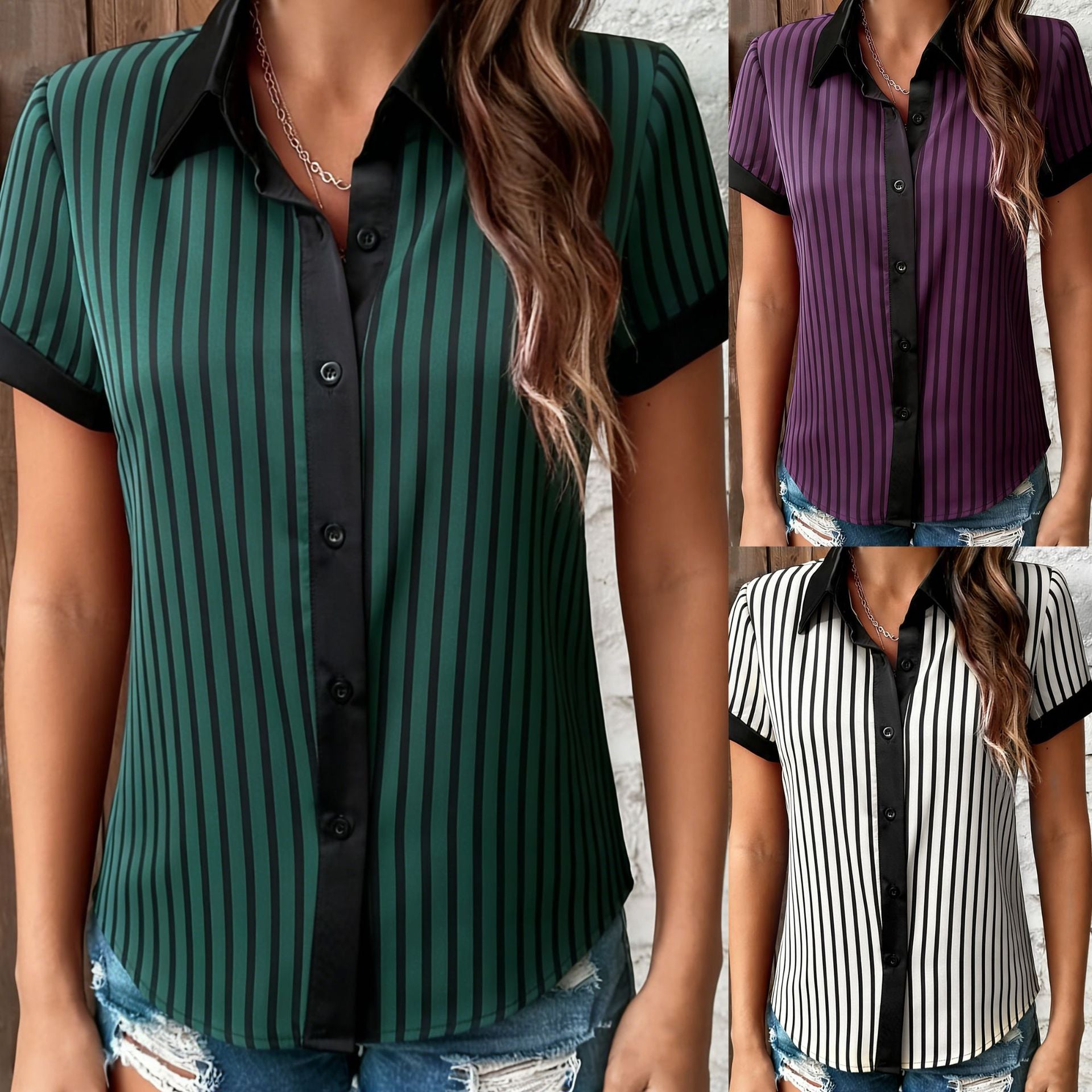 Women's Loose Blouse Top StripedPlaid Loose Fit
