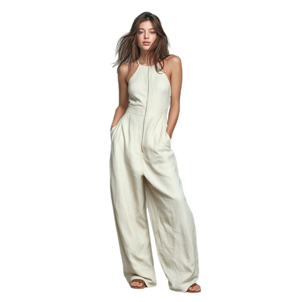 Women's Solid Zip-Front Backless Wide-Leg Jumpsuit