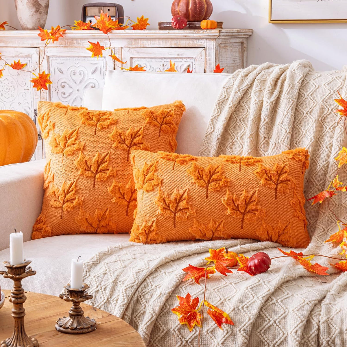 Maple Leaf Fall Pillow Covers 2 Pack, 20x20 Inch Orange Decorative Cushion Cases for Sofa, Couch, Bed and Autumn Decor