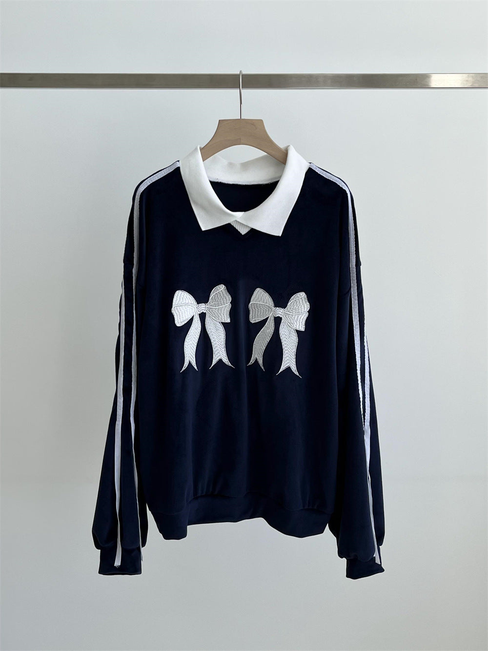 Retro Bow Embroidered Striped Contrast Knit Sweater