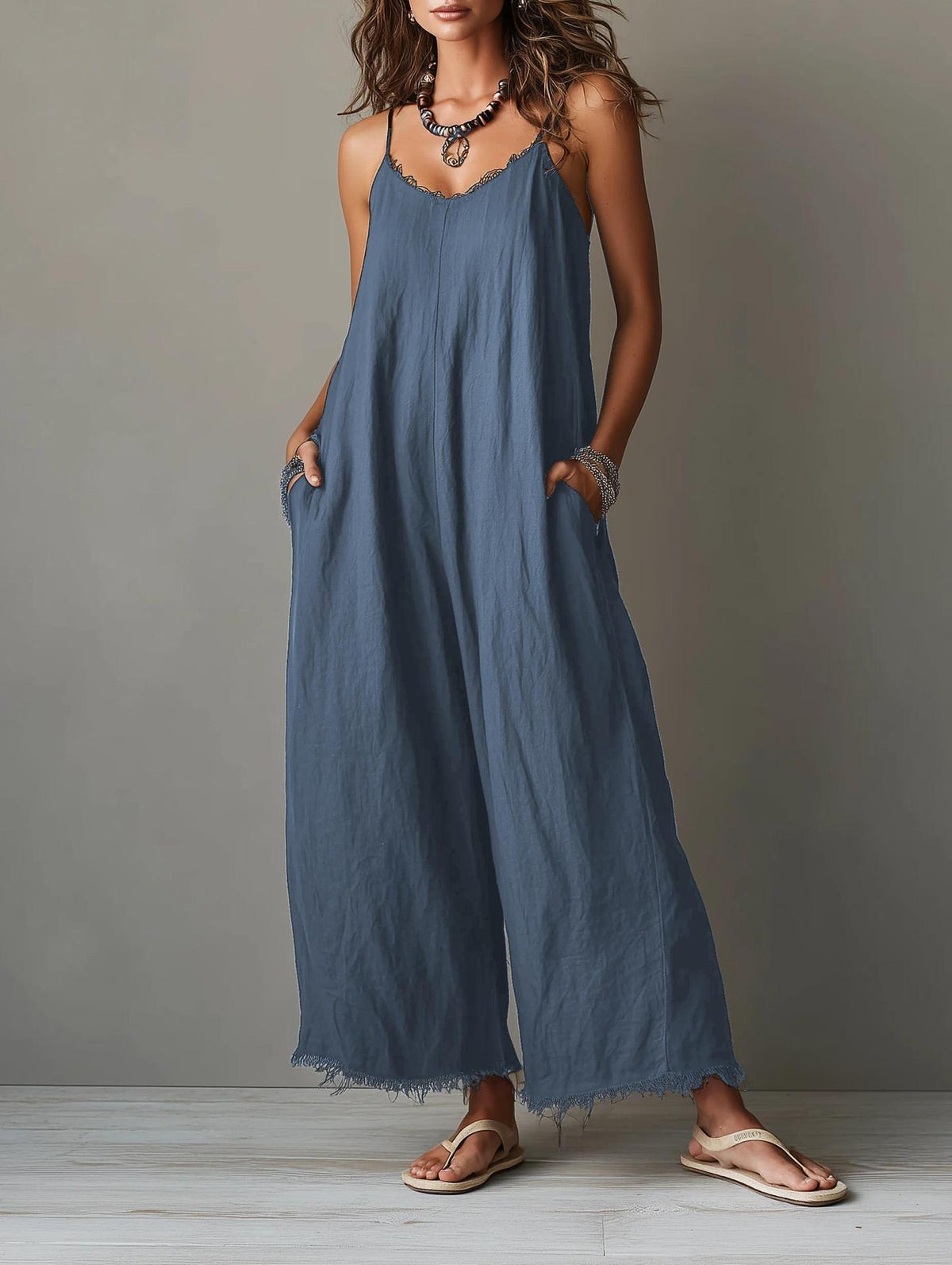 Womens Loose-fitting Solid-color Wide-leg Jumpsuit With Straps