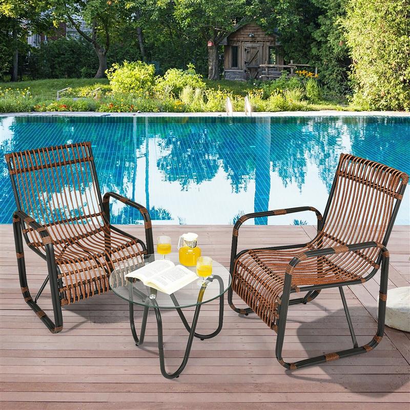 3pcs Patio Rattan Furniture Set with 2 Single Wicker Chairs And Glass Side Table