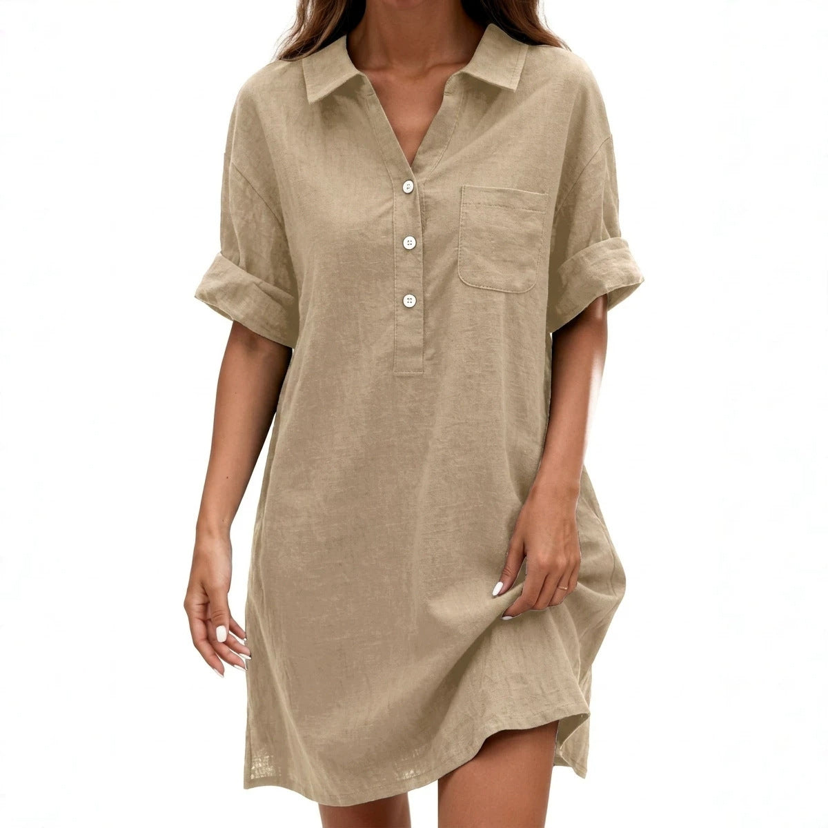 Cotton-linen Solid-color Shirt-collar Casual Breathable Dress