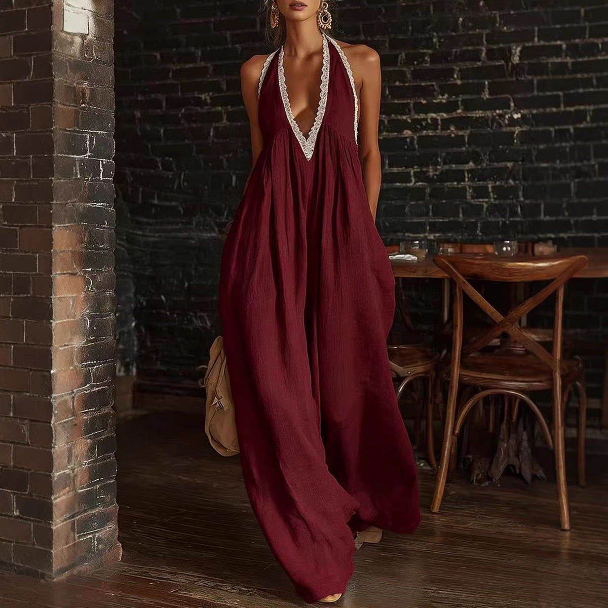 Casual Lace-Trimmed Loose Linen Jumpsuit