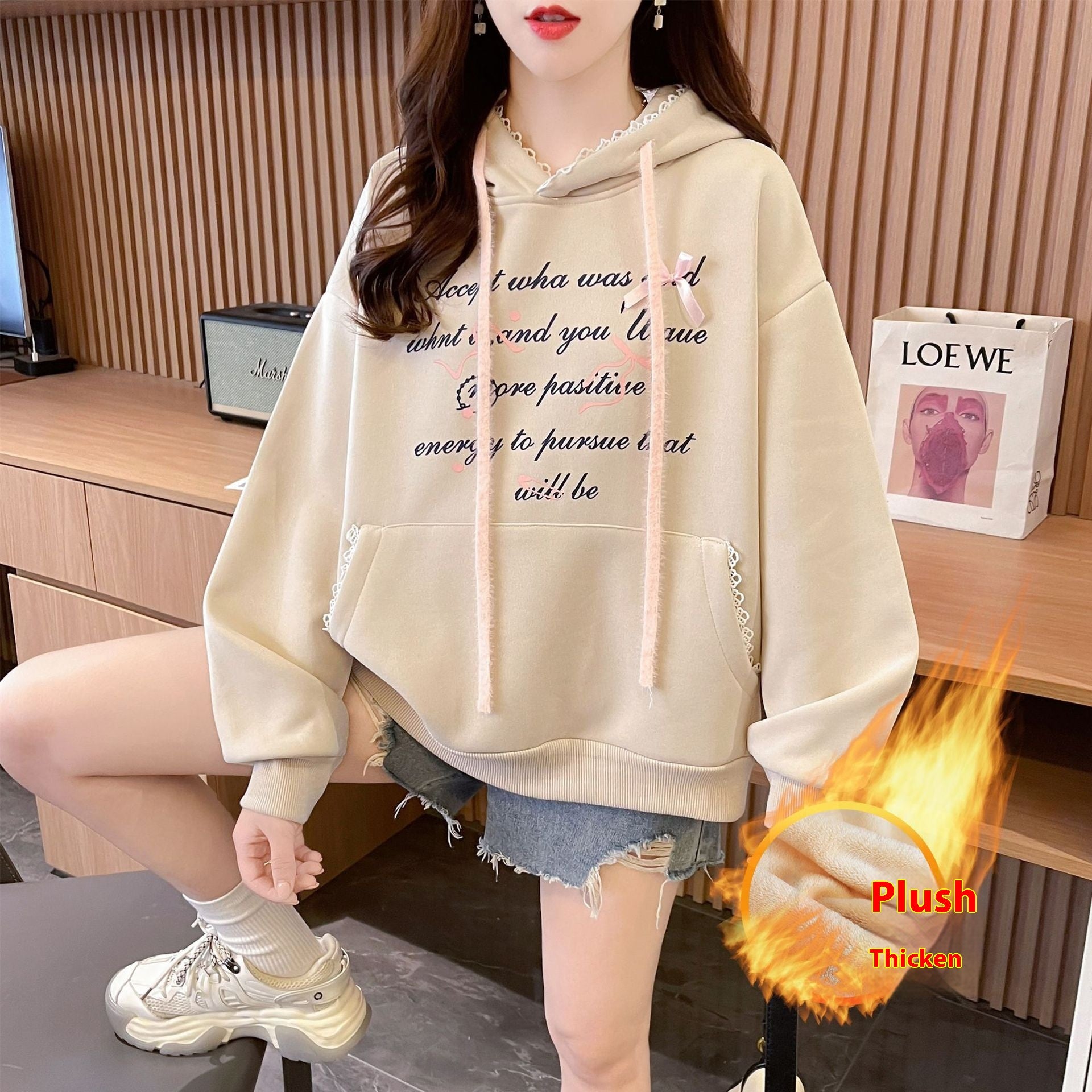 Women's Letter Print Long Sleeve Hooded Sweater