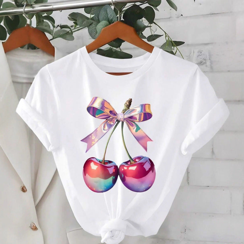 Cherry Bow Crew-Neck Short Sleeve Top – Trendy Cotton Tee