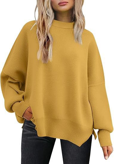 Thick Needle Side Slit Sweater Round Neck Loose Solid Color Batwing Long Sleeve Sweater for Women