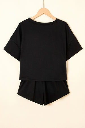 Black 2Pcs Cropped Tee And Ruffle High Waist Skort Set
