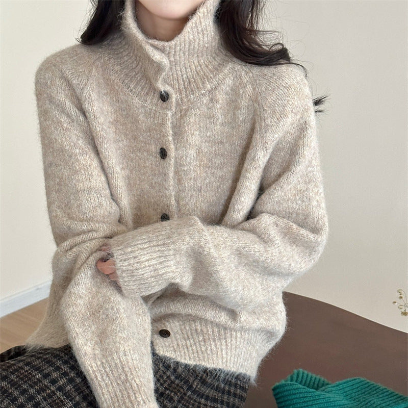Retro Laid-back Turtleneck Knit Cardigan Sweater Coat