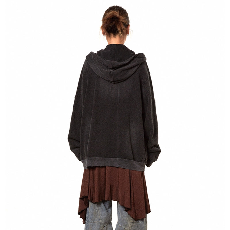 American Retro Washed Distressed Hooded Solid Color Hoodie