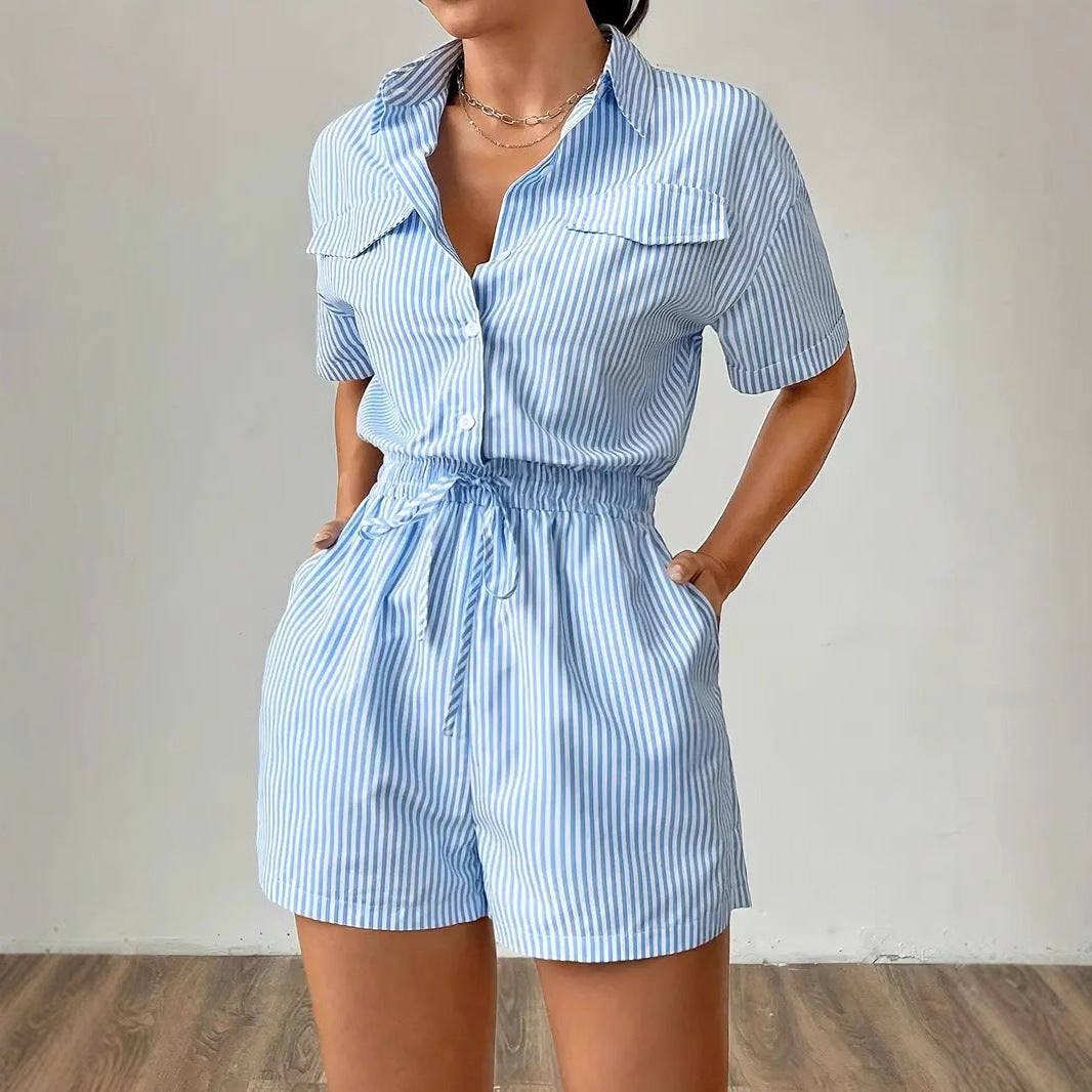 Striped Casual Short-Sleeve Belted Jumpsuit