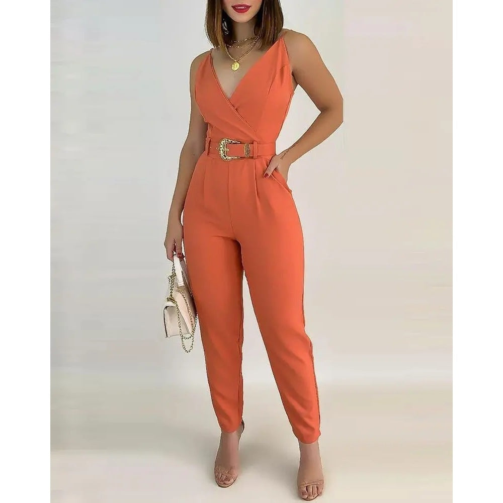 Women's V-Neck Lace-Up Solid Casual Jumpsuit