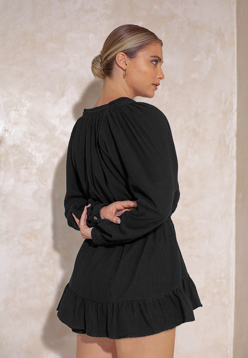 Cotton Long Sleeve Ruffled One-Piece Pajama Romper