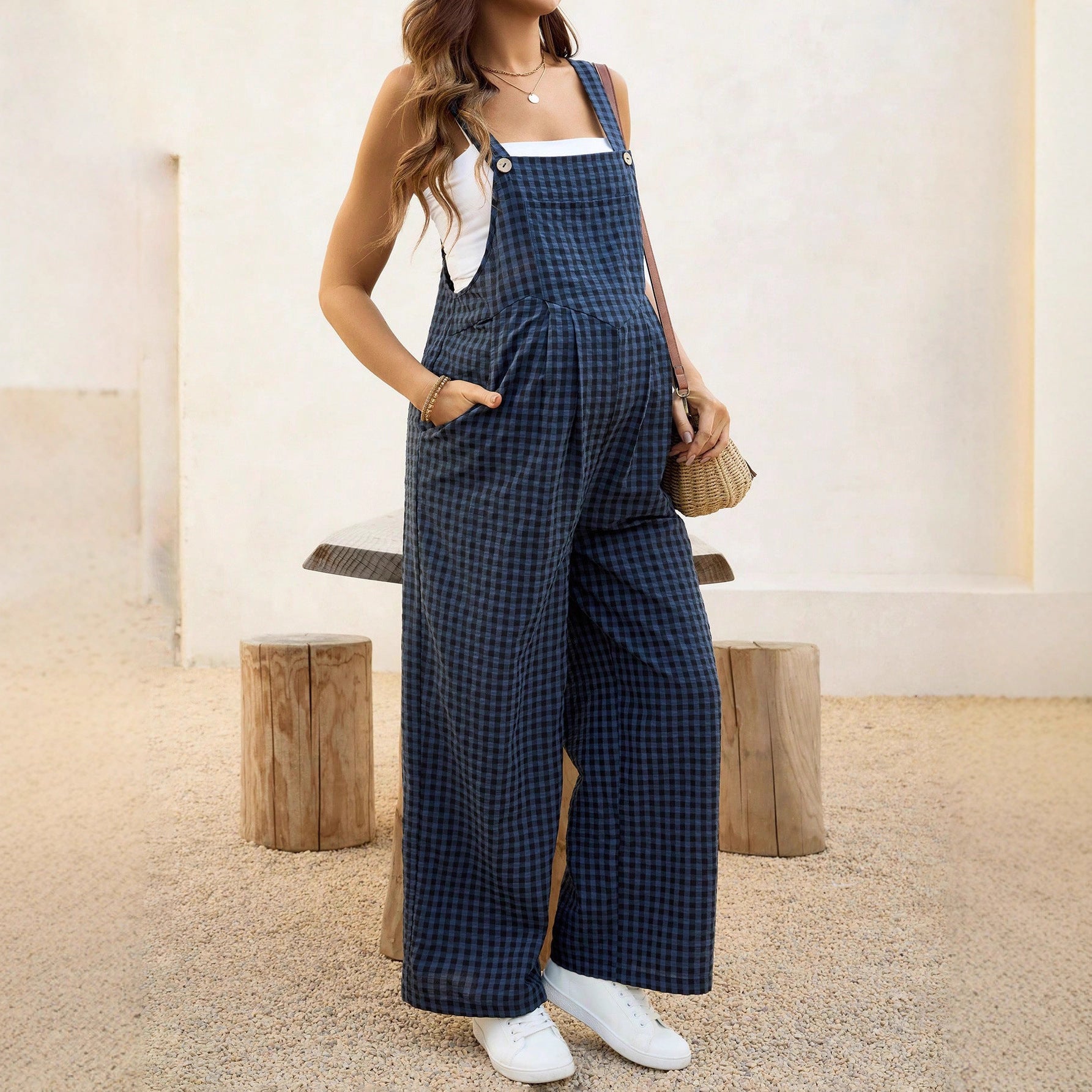 Comfy Plaid Maternity Suspender Jumpsuit for Spring & Summer