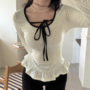 Polka-dot Printed Lace-trimmed Long-sleeve Top For Women