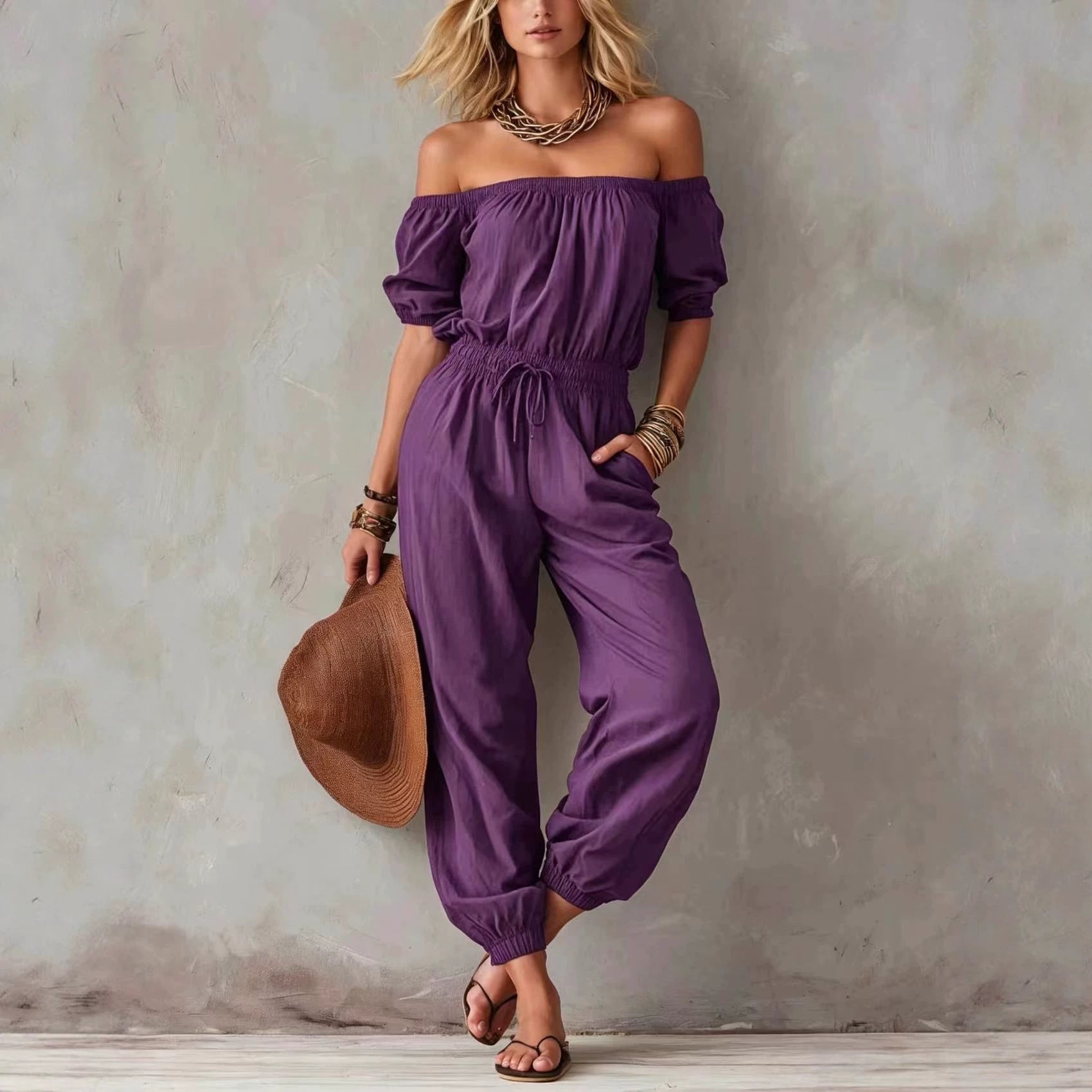 Off-shoulder Waist-cinching Lace-up Relaxed-fit Casual Jumpsuit