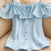 Fashionable And Elegant Off-shoulder Camisole Blouse With Ruffled Trim And A Front Placket