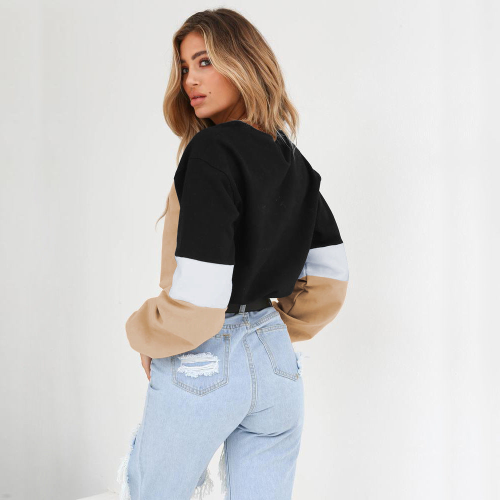 Cozy Patchwork Round Neck Lace-Up Sweater