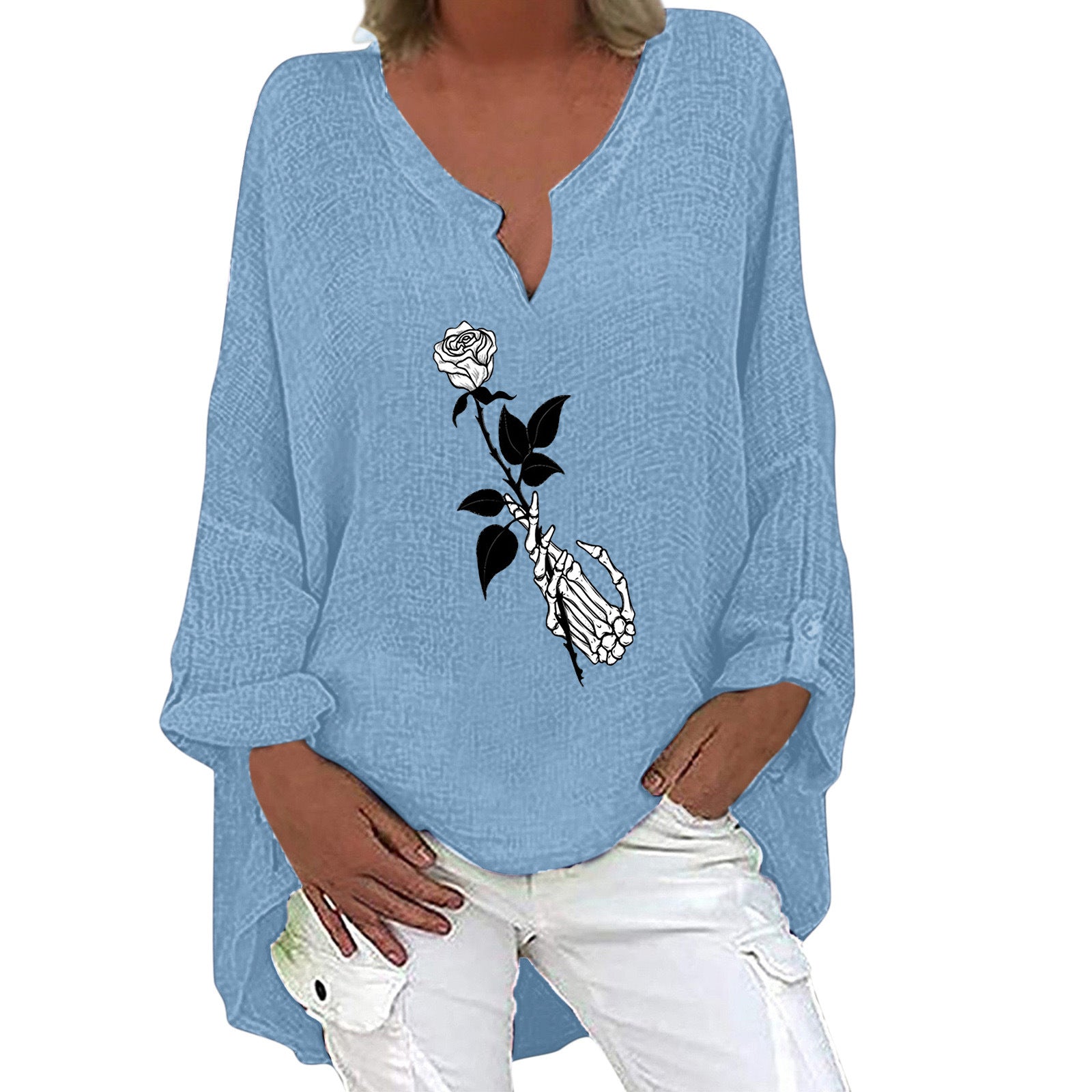 Women's Halloween V-Neck Cotton Linen Long Sleeve Shirt