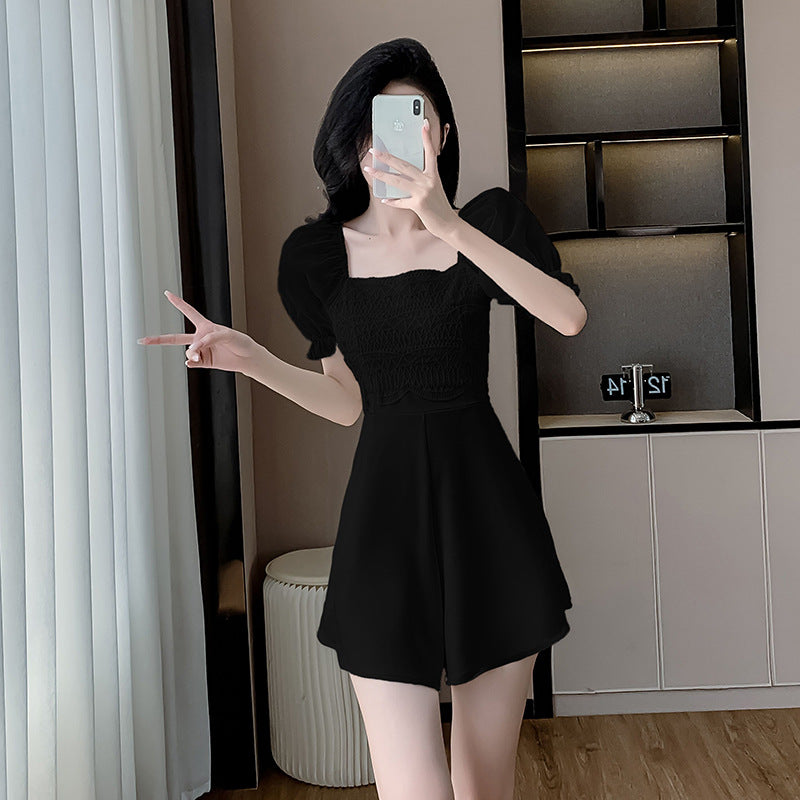 Lace Square Collar Puff Sleeve Slim-fit Jumpsuit