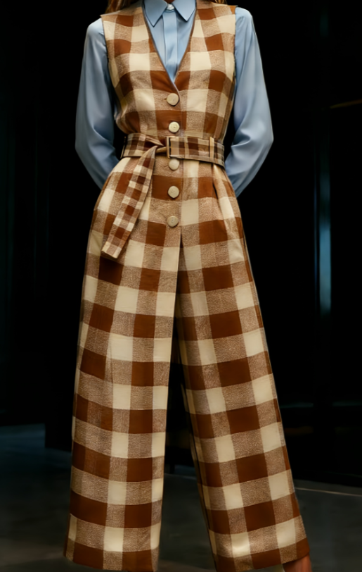 Women's American Retro V-Neck Button-Down Waist Wide-Leg Jumpsuit