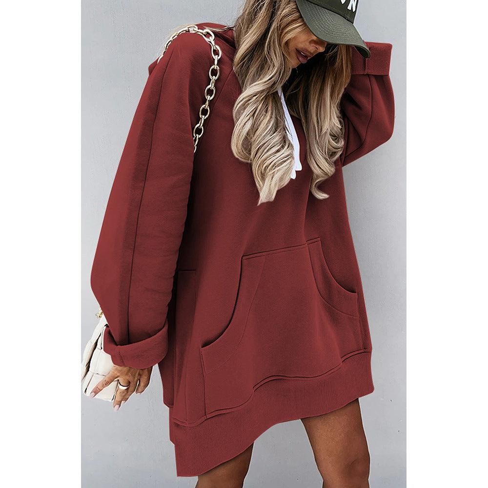 Women's Cozy Mid-Length Solid Color Hooded Sweatshirt