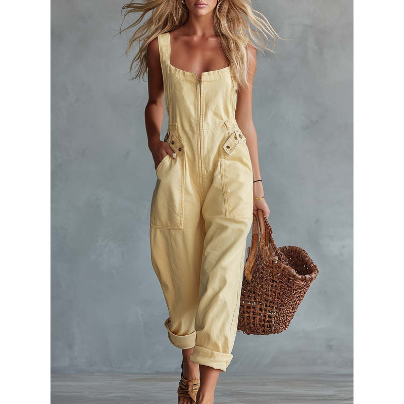 Retro Square Neck Denim Jumpsuit with Front Zipper