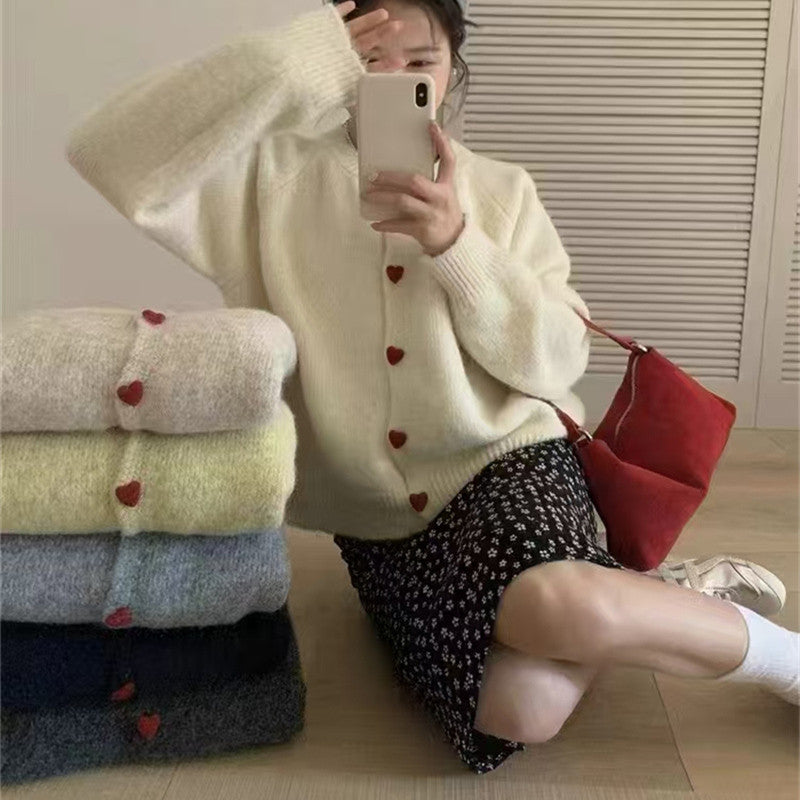 Round Neck All-matching Design Love Girl Buckle Knitted Cardigan Sweater Coat for Women