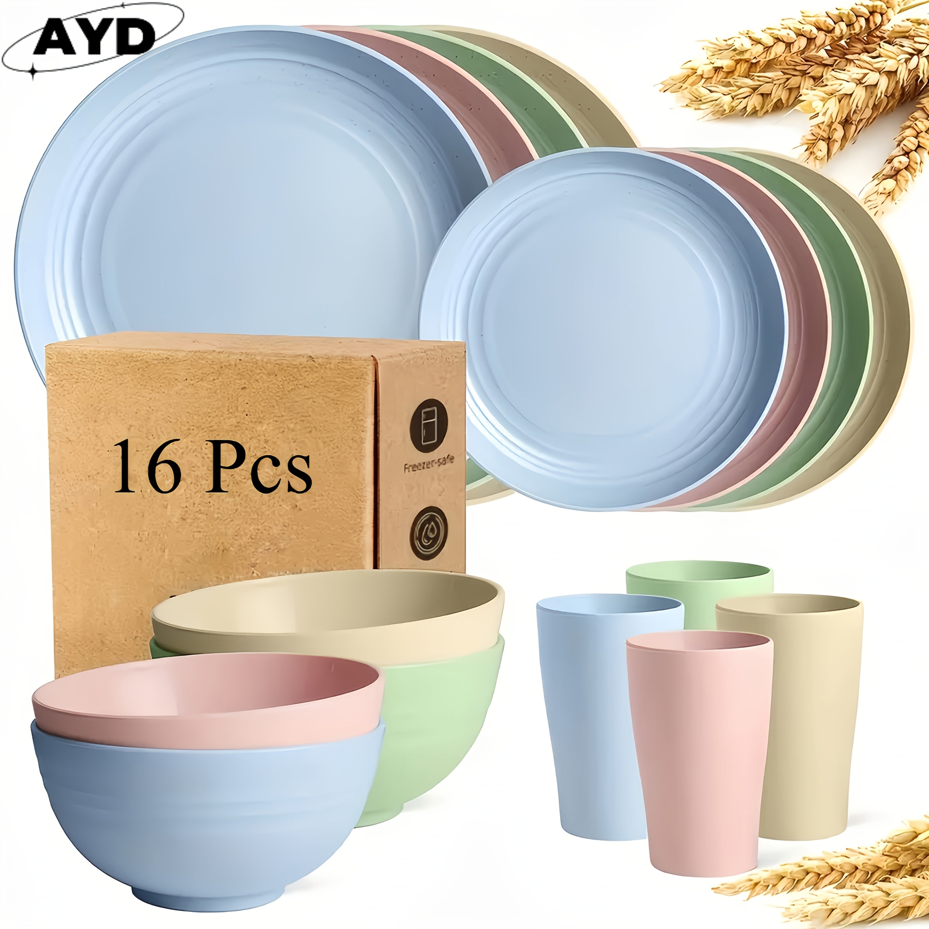 32/16pcs Unbreakable Wheat Straw Dinnerware Set