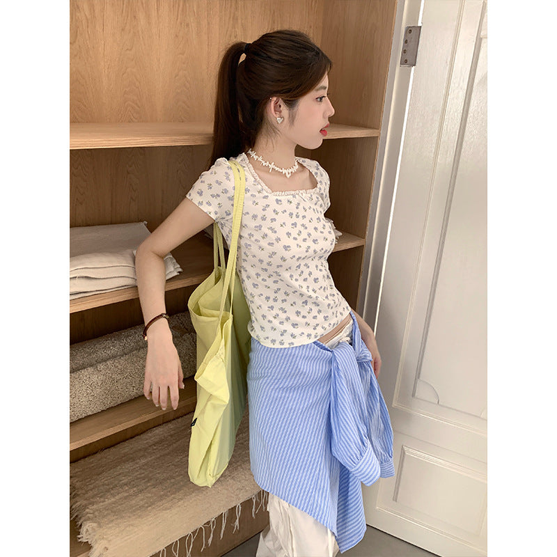 U Collar Lace Short-sleeved T-shirt Slim-fit Floral Top