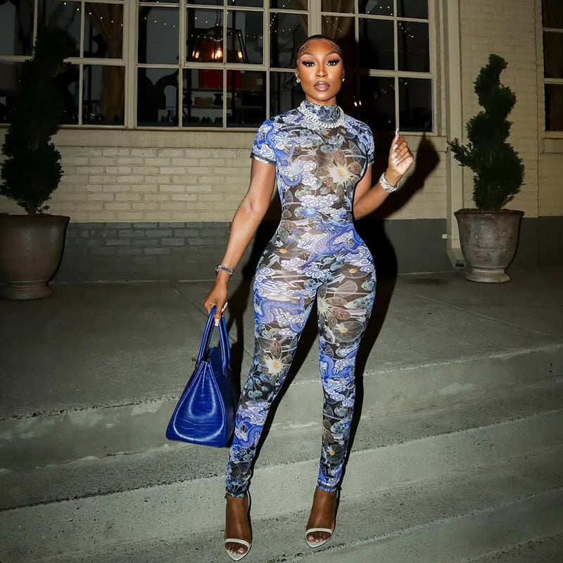 Sexy Backless Hollow-Out Turtleneck Printed Jumpsuit