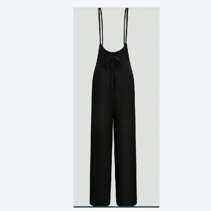Women's Summer Solid Color Back Knot Casual Loose Jumpsuit With Suspenders