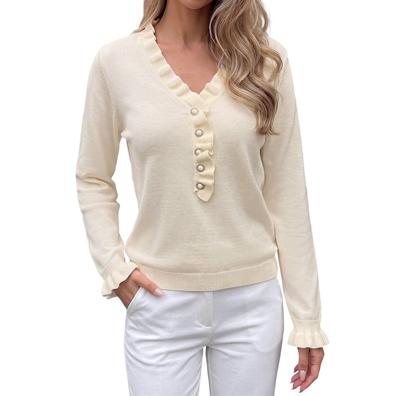 Solid Color Ruffled V Neck Pullover Sweater