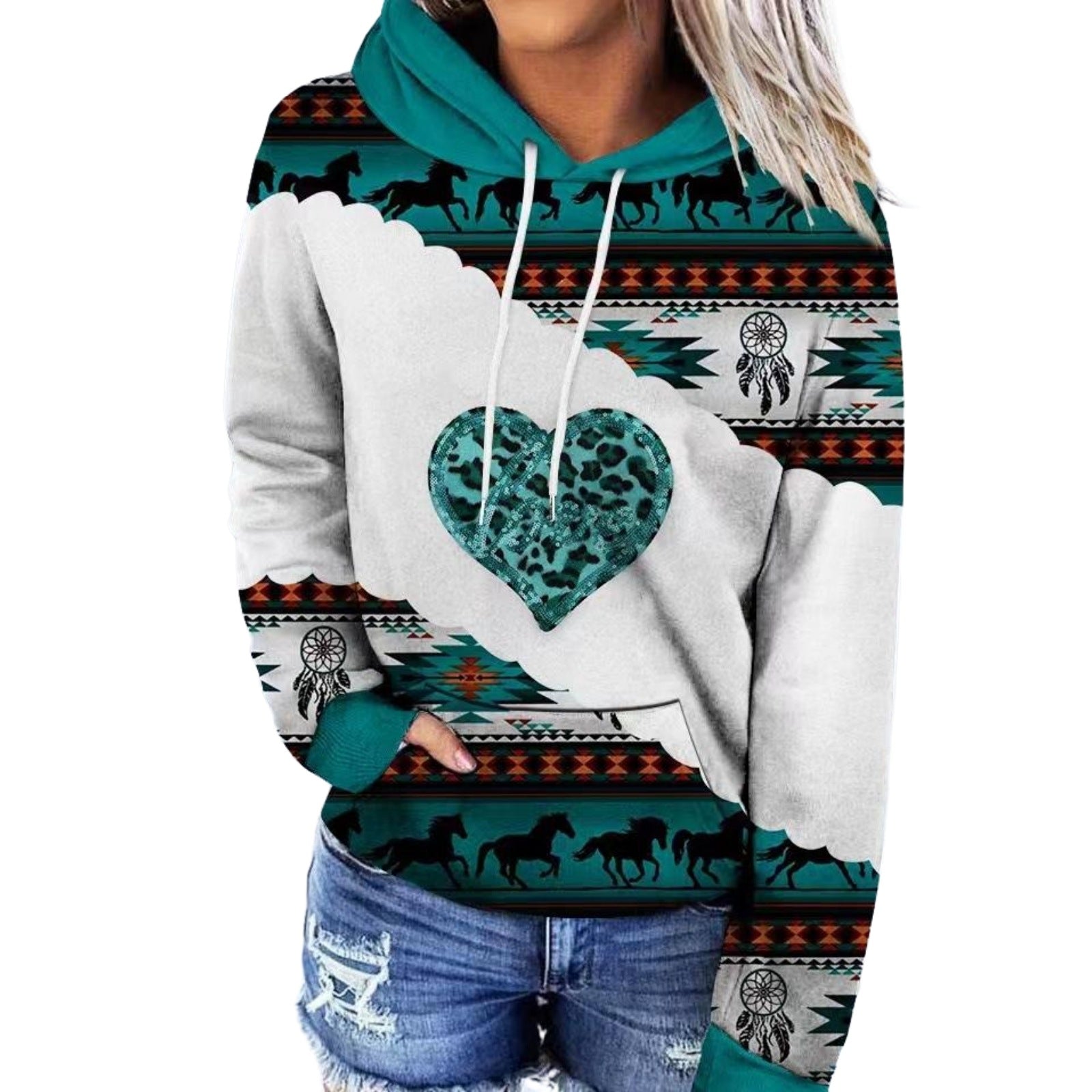 Women's 3D Retro Multicolor Hooded Sweatshirt with Pockets