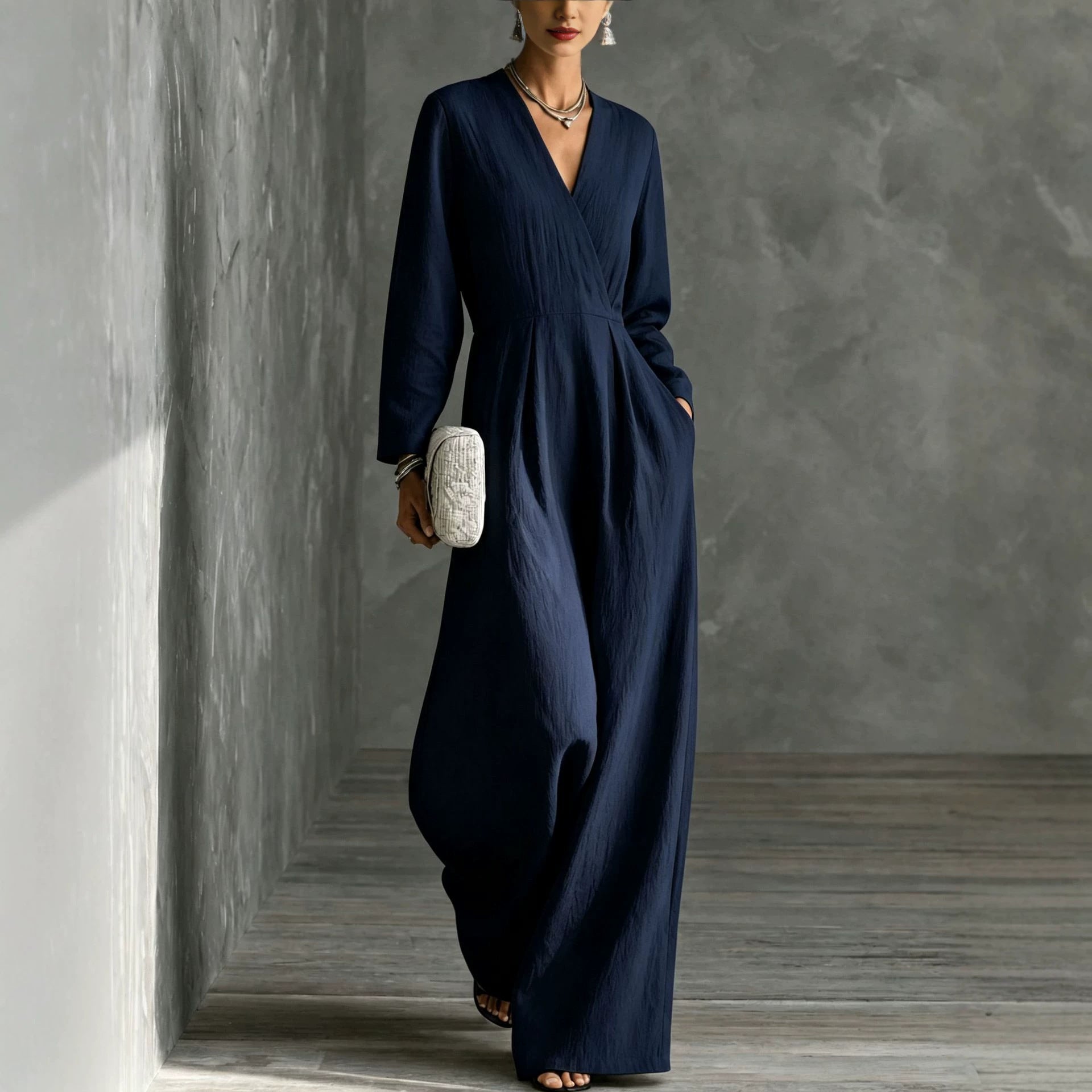 Chic V-Neck Long-Sleeve Wide-Leg Jumpsuit