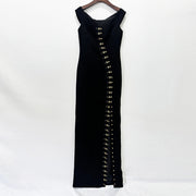 Off-Shoulder Metal Button Slit Maxi Dress