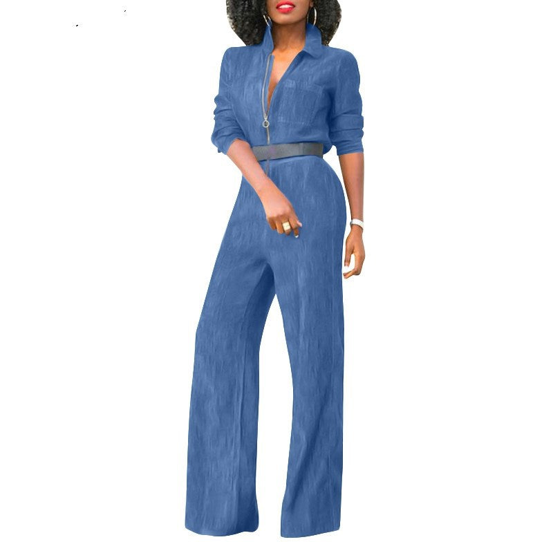 Women's Plus-Size Denim Jumpsuit with Zipper