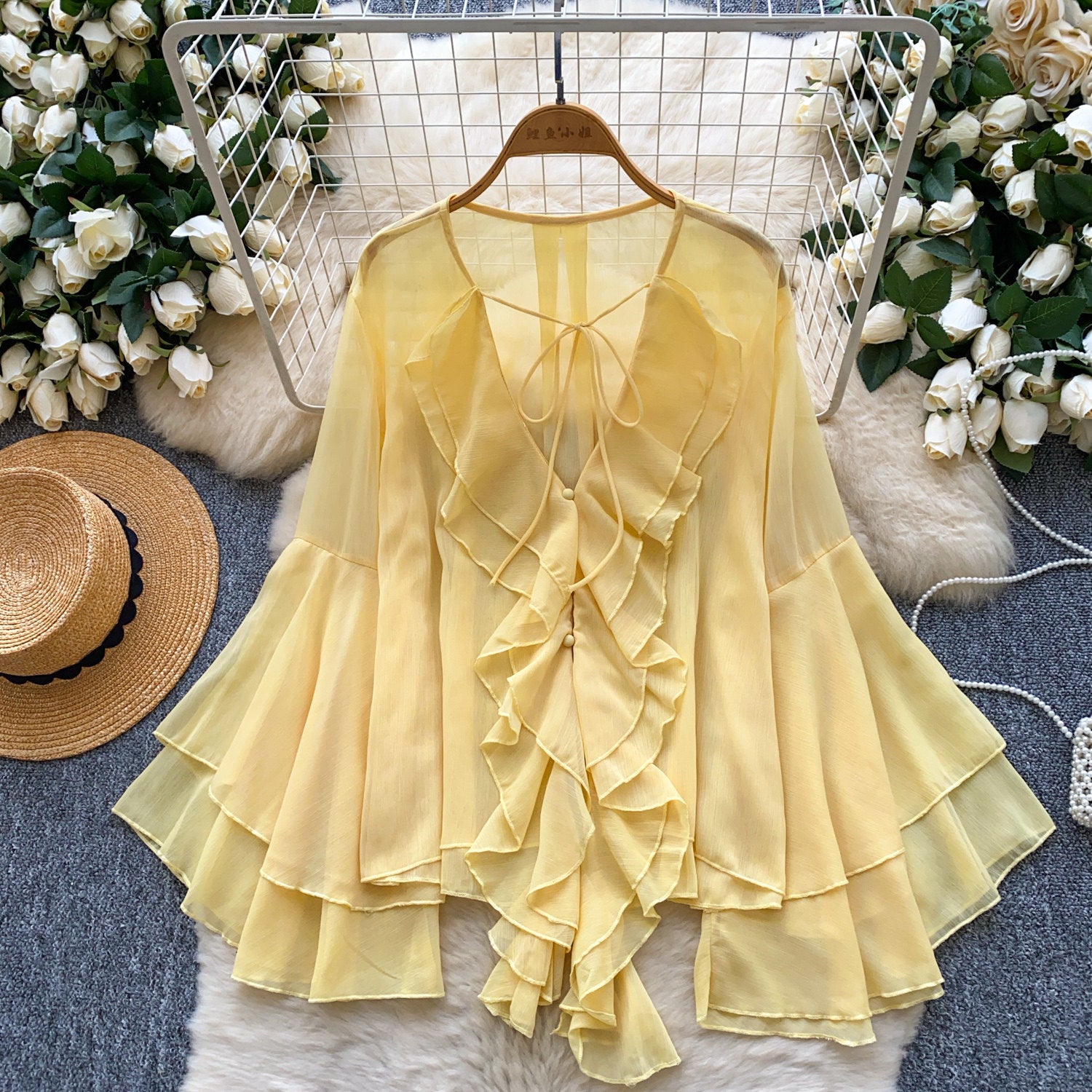Ruffled Trim Single-Breasted Flared Sleeve Womens Chiffon Blouse