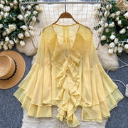 Ruffled Trim Single-Breasted Flared Sleeve Womens Chiffon Blouse
