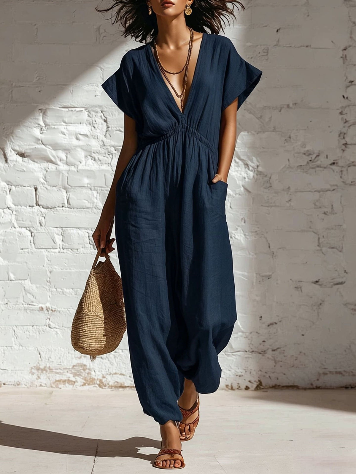 Womens V-neck Relaxed-fit Waist-cinching Jumpsuit